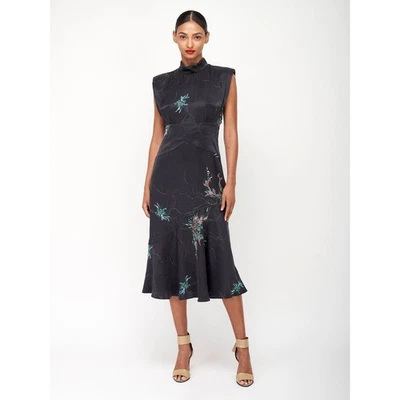 Equipment Jillian Black Floral Print Satin Sleeveless Cocktail Midi Dress Size 4 - Image 1 of 4