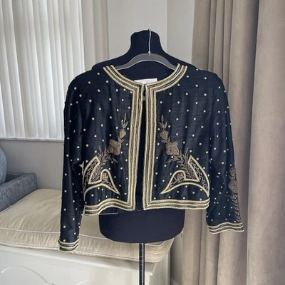 Vintage Maggie Roberts 100% Silk Black Bolero Jacket Gold Embroidered Beads S - Image 1 of 4