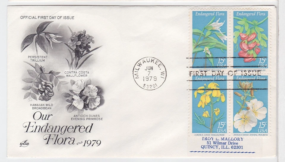 TurtlesTradingPost- Endangered Flora -1979 FDC #1783-86 Artcraft Block of 4 - Image 1 of 1