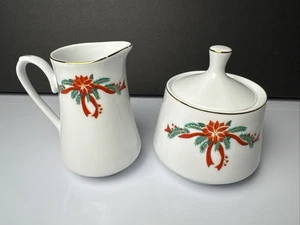 Juego de 2 azucareros y crema fina de porcelana fina de flor de pascua y cintas adornos dorados Navidad - Imagen 1 de 20