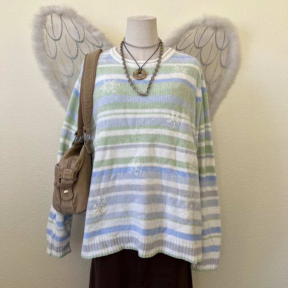 Suéter de Chenilla Copo de Nieve a Rayas Grunge Pastel Lentejuelas de Gran Tamaño Acogedor Tejido Y2K Foto 1 de 4