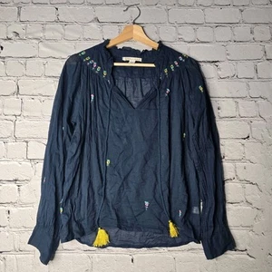 Banjanan 100% Cotton Floral Stitch Embroidered Navy Blue Tassel Blouse Size S - Picture 1 of 9