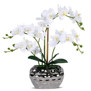 White Orchid Arrangement in Silver Vase Fake Orchids Arrangements Centerpiece... - Picture 1 of 4