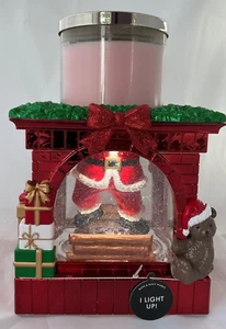 SANTA Water Snow Globe LIGHT UP FIREPLACE 3-Wick CANDLE HOLDER Bath & Body Works - Picture 1 of 6