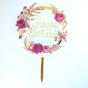 Kuchenstecker Cake Topper Happy Birthday Blumenstecker gold Federn Kuchendeko - Bild 1 von 3
