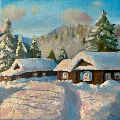 Pintura al óleo original, arte de la nieve, pueblo de invierno, paisaje sobre lienzo, 8x8 pulgadas Foto 1 de 4