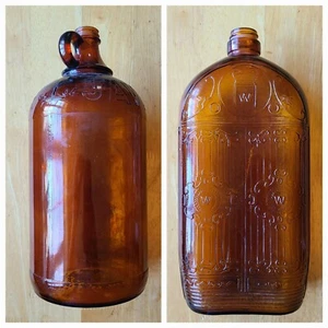 Vintage JAVEX Embossed Amber Glass Jug Antique Brown 12” With Bonus Trade Bott - Picture 1 of 9