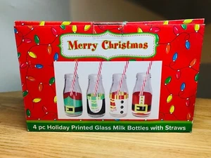 Weihnachten Milchflaschen Glas mit Strohhalmen Weihnachtsdruck 4 Stück - Bild 1 von 1