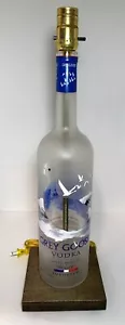 GREY GOOSE Vodka Large 1.75L Liquor Bottle Bar TABLE LAMP Lounge Light Wood Base - Picture 1 of 8