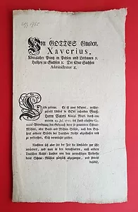 Anschlag Bekanntmachung Sachsen 20.3.1765 Wiedereinführung Schnur Mühle ( F16662 - Bild 1 von 3