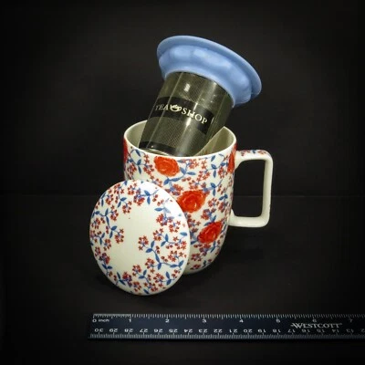 Xícara de chá/café, infusor de chá/café e tampa de xícara - vermelho floral, azul 14 oz - Imagem 1 de 4