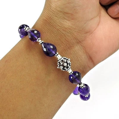 Briolette Amethyst Stone Solid Silver Beaded Bezel Christmas Gift Bracelet - Image 1 of 4