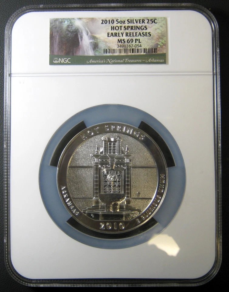 2010 HOT SPRINGS ARKANSAS ATB. 5 OZ SILVER QUARTER.  NGC MS69PL. - Image 1 of 1