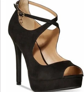 Thalia Sodi Peep Toe Strap Black Heels - Picture 1 of 9