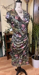 Abito midi elasticizzato Joseph Ribkoff Canada Artsy finto avvolgente incrociato scollo a V US 10 - Foto 1 di 3