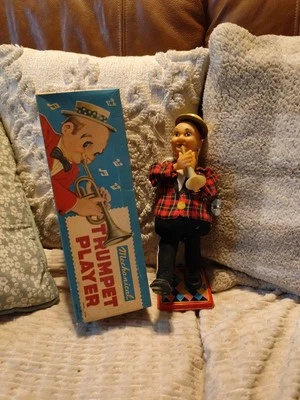 jouet mécanique Automate Trompettiste ancien tôle Dans Sa Boîte  - Photo 1/4