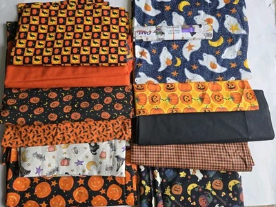 3.5lb Halloween Fabric Remnants Pumpkins Cats Spiders Ghosts Witches Glitter LOT - Image 1 of 4