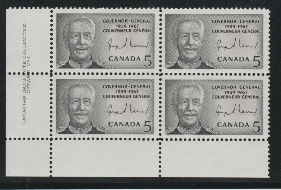 1967 Canada SC# 474 LL Governor General Vanier Plate # 1 Plate Block M-NH # 368 - Image 1 of 1