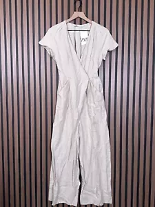 New Zara Jumpsuit Small Womens Beige Linen Blend One Piece Faux Wrap Dolman - Picture 1 of 10
