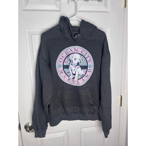 VETEMENTS Felpa con cappuccio Ocean City MD Beach grigio scuro in pile grafica cucciolo felpa morbida