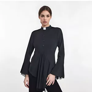 Women Clergy Shirt Catholic Priest Lady Irregular hem shirt Flare Sleeves Blouse - Picture 1 of 8