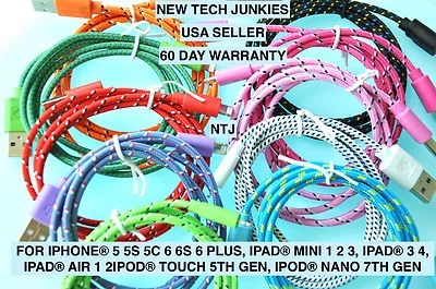 Braided USB data Sync power cord Charger Cable for iPhone X 8 7 plus 6 5s iPod 5 - Image 1 of 4