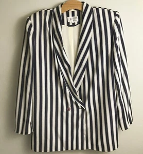 Vintage Navy blue stripe long jacket 16 Braemar Jeremy Scott 80s Blazer Nautical - Picture 1 of 5