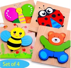 4pcs Wooden Puzzles For Toddlers, Animal Shape Montessori Toy, Puzzles With 4 An - Picture 1 of 6