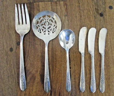 Lote de 6 Artículos de Plato de Plata Nobleza ROSA REAL - Servidor Ranurado, Tenedor de Carne ++ Foto 1 de 3