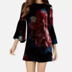Trina Turk Multicolor Velvet Floral Print Bell Long Sleeve Zip Dress Sz 6 - Picture 1 of 15