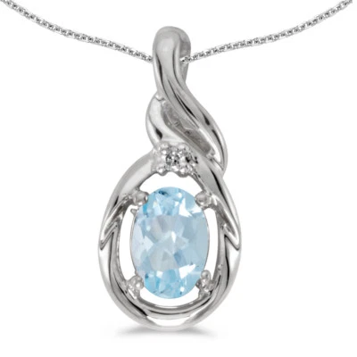 10k White Gold Oval Aquamarine And Diamond Pendant with 18" Chain - Image 1 of 3