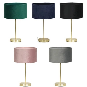 Gold Table Lamp Metal Stem Velvet Lampshade Bedside Living Room Light LED Bulb - Picture 1 of 26
