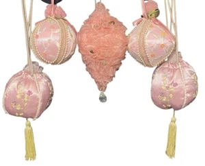Vtg Victorian Pink Plush Ornaments Pink Balls Pearls Floral Dangle Christmas - Picture 1 of 15