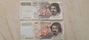 Repubblica Italiana banconote da £. 100.000 Caravaggio 1* e 2° tipo - Foto 1 di 2