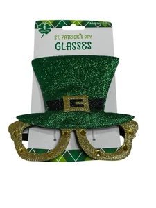 St Patricks Day Neuheit Fun Brille Grün Hut Gold Rahmen Glitzer - Bild 1 von 2