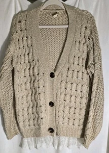 POL Oversize Cable Knit Cardigan With Lace Trim Large Button - Picture 1 of 6