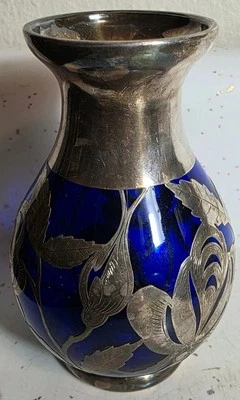 VINTAGE FRIEDRICH WILHELM SPAHR SILVER OVERLAY 1000 VASE AUF KOBALTBLAU SIGNIERT RAR - Bild 1 von 4