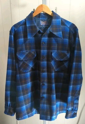 Pendleton L Vibrant Blue Plaid Shirt Loop Collar Silverwoods CA 100% Wool - Image 1 of 4