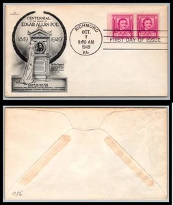 US FDC # 986 3c Edgar Allen Poe ARISTOCRATS pair l.cancel 1949, 9Q2619 - Picture 1 of 1