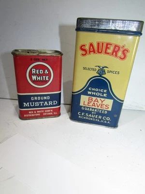 OUTSTANDING Vintage Sauers Spices Bay Leaves Advertising 4.75" Tin  & Red & Whit - Image 1 of 4