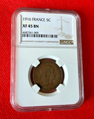 1916 FRANCE 5 CENTIMES NGC XF 45 BN - Image 1 of 2