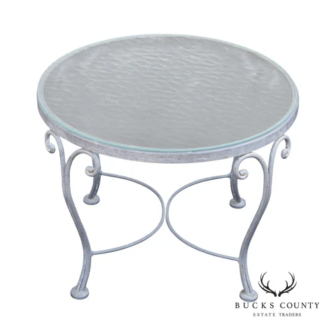 French Vintage Scrolled Wrought Iron Round Glass Top Outdoor Cocktail Table Cover
