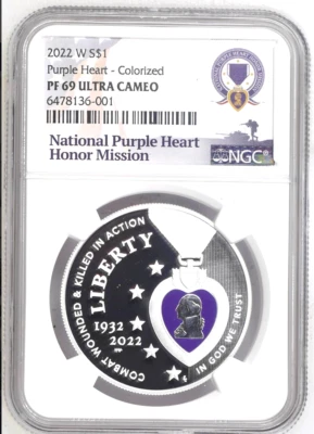 💜 2022W Colorized Purple Heart .999 Silver $1 Dollar NGC PF69 ULTRA CAMEO 💜 - Image 1 of 2