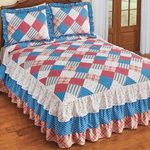 Glory Americana Patchwork Triple Ruffle Bedspread with 2 Pillow Shams - Picture 1 of 2