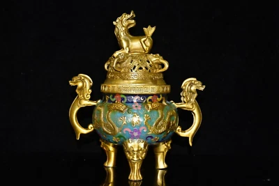 Queimador de incenso de cobre chinês cloisonne 9,6 pol. incensário animal panela de latão antiga - Imagem 1 de 4