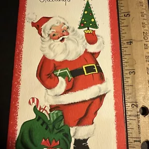 Vtg Christmas Card Santa MCM Holding Mini Tree Toy Sack Standing - Picture 1 of 6