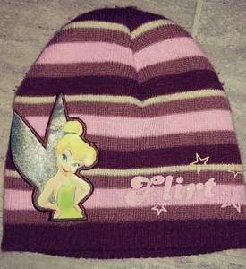  DISNEY Tinkerbell Flirt Girl's Winter Hat Knit Cap Brown Pink striped slouch - Picture 1 of 3