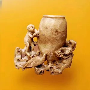 Jarrón antiguo chino tallado a mano de piedra jabonera - monos y otros animales - Imagen 1 de 8