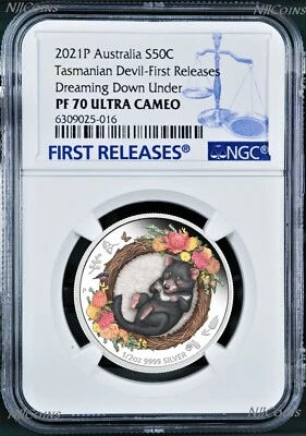 2021 Dreaming Down Under TASMANIAN DEVIL Silver Proof NGC PF 70 1/2oz Coin FR - Image 1 of 4