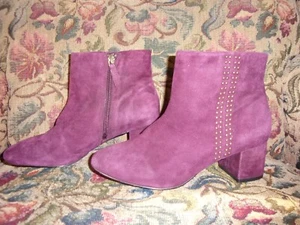 White House Black Market Eggplant Suede Leather Zeek Studded Ankle Boots SZ 8 - Picture 1 of 9